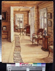 Wnętrze posiadłości L.Panteleyeva w Murmanov (Rosja). Opis mebli i dekoracji drewnianego domu. Obraz Anny Nikołajewnej Karinskiej (1871-1931), olej
