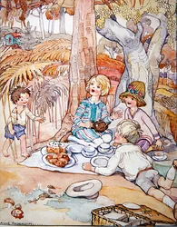 Piknik (pióro i tusz z akwarelą na papierze)