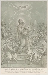 Pięćdziesiątnica, z Dziewicą stojącą w centrum, Duchem Świętym na górze i Apostołami..., ca. 1729.