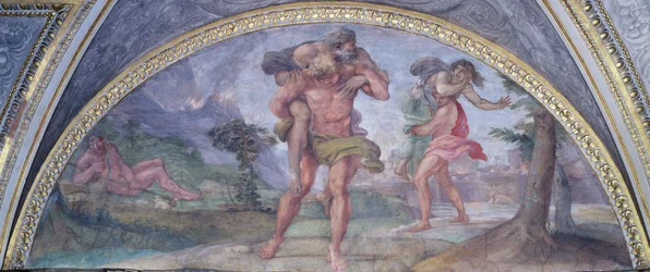 Luneta przedstawiająca Eneasza uciekającego z płonącej Troi niosącego ojca Anchises, a następnie Ascaniusza niosącego matkę z Camerino, 1596