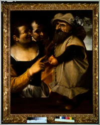 Mężczyzna i kobieta podziwiający dziecko w kostiumie maskaradowym, ok. 1582-85 (olej na płótnie)