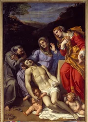 Pieta ze św. Franciszkiem z Asyżu i św. Marią Magdaleną Obraz Annibale Carracci lub Annibal Carrache (1560-1609). 1602. Słońce 2,77x1,87 m²