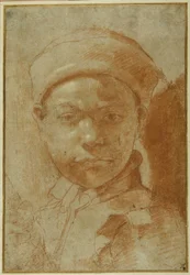 Portret młodzieńca, do biustu, w okrągłej czapce (czerwona kreda na szarym papierze)