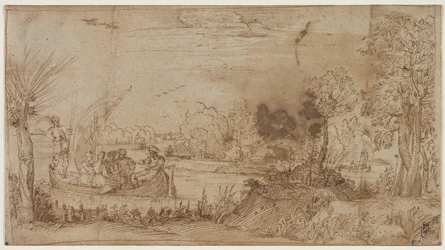Krajobraz rzeki z łodziami