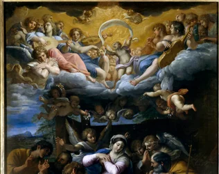 Adoracja pasterzy Szczegół przedstawiający koncert niebiańskich aniołów śpiewających chwałę Boga. Obraz Annibale Carracci lub Annibal Carrache (1560-1609). 1597. Orlean, Muzeum Sztuk Pięknych.