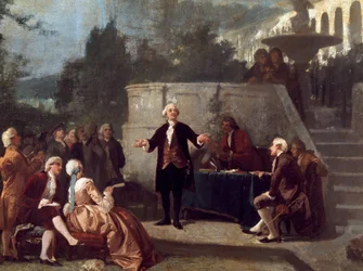 Włoski dramaturg Carlo Goldoni (1707-1793) deklaruje sonet przed członkami Colonia Alfea (odpowiednik Akademii Arkadii w Pizie) w Ogrodzie Scotto w Pizie Obraz Annibale Gatti (1828 - 1909)