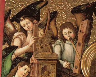 126-0035385 Centralny panel ołtarza poświęconego św. Wincentemu Męczennikowi Saragossy, fragment Anioły grające na harfie, flecie i gitarze, ok. 1466-87