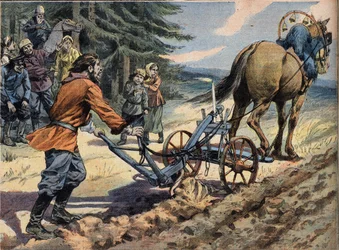 Rosyjski chłop orający pole pługiem, na którym kładzie się świecę. Grawer Conte de Easter z gazety „Le Petro Parisien””, 19.04.1908. Prywatna kolekcja.