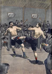 Atak bokserski: zwycięstwo mistrza Francji Josepha Charlemonta (1839-1918) nad Jerrym Driscollem techniką „savate”” w Le Petit Journal 1899