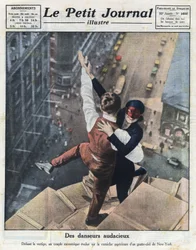 Para ekstremalnych tancerzy ewoluuje na krawędzi nowojorskiego drapacza chmur. Ilustracja zaczerpnięta z „Le petit journal illustré” z 21.08.1921 r. Prywatna kolekcja