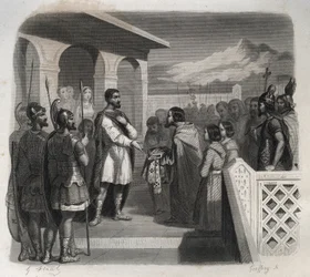 Delegacja miasta Clermont oferuje biskupstwo św. Rycina z 1846 r. w „Żywotach świętych”. Prywatna kolekcja.