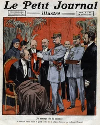 Męczennik nauki: Marechal Philippe Petain (1856-1951) przekazał wielki sznur Legii Honorowej profesorowi Jean-Albanowi Bergonie (Jean Alban Bergonie) (1857-1925), francuskiemu lekarzowi onkologicznemu. Rytownictwo. Jedna z gazet „Le Petité Journal illu