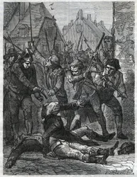 Scena z okresu rewolucji francuskiej: Theobald de Dillon (1745-1792) i oficer saperów o nazwisku Berthois zostali zmasakrowani przez żołnierzy i lud Lille, którzy oskarżali ich o zdradę. Rycina z 1866 roku w „Histoire de la Révolution française”