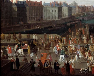 Działania i przejście na Pont Neuf w Paryżu Anonimowe malarstwo z XVII wieku. Paryż, Muzeum Orsay