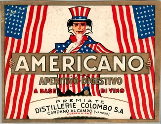 Reklama włoskiego drinka Americano z alegoryczną personifikacją Ameryki Wuj Sam
