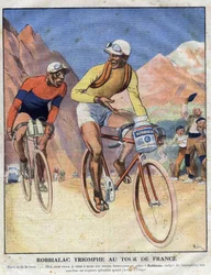 Reklama obrazu Robbialac: „”Triumf Robbialaca na Tour de France””. Rowerzysta sprzedaje zasługi farby Robbialac do swojego roweru. Rytownictwo. Jeden z „Małych ilustratorów”