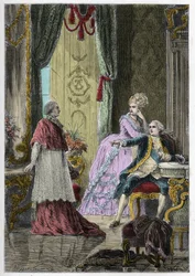Afera naszyjnikowa królowej (1785-1786): kardynał Louis René Édouard de Rohan (1734-1803) przed królem Ludwikiem XVI (1754-1793) i królową Marią Antoniną (1755-1793)