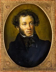 Alexandre Pouchkine - Portret poety Aleksandra Siergiejewicza Puszkina (1799-1837) - Anonimowy. Olej na drewnie, II ćw. XIX w. Wymiar : 40,5x30,5 cm. Prywatna kolekcja