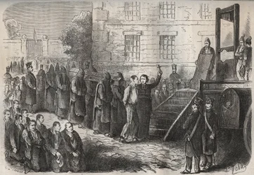 Egzekucja w Toulon Bagne w XIX wieku. Grawer „Historia skazanych od ich powstania do dnia dzisiejszego” (1877) autorstwa Pierre