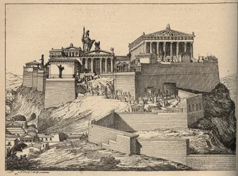 Starożytna Grecja: Partenon, świątynia Ateny, na wzgórzu Akropolu w Atenach (Starożytna Grecja: Ateny, Akropol - Partenon - rycina, 1890)