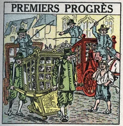 Trakcja zwierząt: wózek transportowy zakłócający ruch. Anonimowa ilustracja z 1925 r. Ze zbiorów prywatnych.
