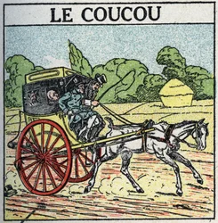 Trakcja zwierzęca: kukułka, komunikacja miejska używana we Francji od połowy XVIII do połowy XIX wieku, zwana też „komorą”. Anonimowa ilustracja z 1925 r. Ze zbiorów prywatnych.