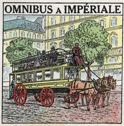 Trakcja zwierzęca: omnibus a imperiale w XIX wieku. Anonimowa ilustracja z 1925 r. Ze zbiorów prywatnych.