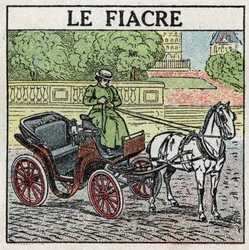 Trakcja zwierząt: fiakra. Anonimowa ilustracja z 1925 r. Ze zbiorów prywatnych.
