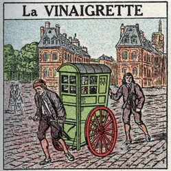 Trakcja zwierząt: wózek inwalidzki lub „ubieranie” w XVII-XVIII wieku. Anonimowa ilustracja z 1925 r. Ze zbiorów prywatnych.