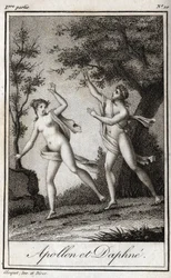 Apollo i Daphne. Nimfa Daphne zamienia się w wawrzyn, aby uciec Apollo. Rycina z 1819 r. w „Lettres a Emilie sur la mitologie” Charlesa Alberta Demoustiera (1760-1801). Prywatna kolekcja.