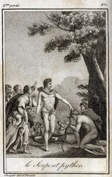Apollo i wąż Python na górze Parnas. Rycina z 1819 r. w „Lettres a Emilie sur la mitologie” Charlesa Alberta Demoustiera (1760-1801). Prywatna kolekcja.