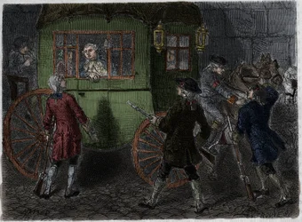 Aresztowanie Ludwika XVI (1754-1793) i jego uciekającej rodziny w Varennes 21 czerwca 1791 r. Rycina z 1866 r. w „Histoire de la Revolution francaise” Adolphe Thiersa. .