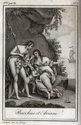 Bacchus et Ariane (Bachus i Ariadna) Rycina z 1819 r. w „Lettres a Emilie sur la mitologie” Charlesa Alberta Demoustiera (1760-1801). Prywatna kolekcja.