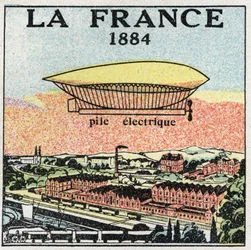 Balony: sterowiec „La France” w 1884 roku wykorzystujący baterię elektryczną wynalezioną przez Francuzów Renarda i Krebsa. Anonimowa ilustracja z 1925 r. Ze zbiorów prywatnych.