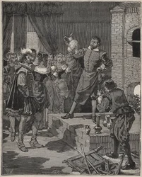 Bernard Palissy (1510-1589), triumfujący francuski ceramik, wyjmuje z pieca swoje pierwsze kawałki emalii. Grawer z 1880 roku w „Les arts et metiers illustres” Adolphe BITARD.