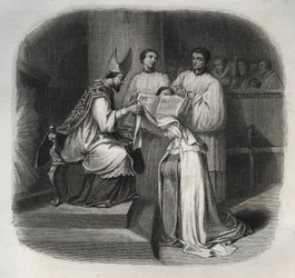 Błogosławiona Maria od Wcielenia (Barbe Jeanne Avrillot) (1566-1618), francuska mistyczka, przyjmuje w 1614 roku welon karmelitański. Rycina z 1846 roku w „Żywotach świętych“. Kolekcja prywatna.