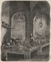 Więzienie brzeskie w nocy. Grawerowanie w „Historii skazanych od ich powstania do dnia dzisiejszego” ”(1877) autorstwa Pierre