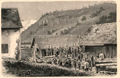 Obchody kultu katolickiego w Saint Ursanne (Saint Ursanne) w Szwajcarii w 1874 roku, po fotografii. Grawer w „Misjach katolickich w XIX wieku” Louis-Eugene (Louis Eugene) Louvet. prywatna kolekcja.