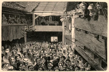Uroczystość nabożeństwa katolickiego w Porrentruy w Szwajcarii w 1874 roku, po zdjęciu. Grawer w „Les Missions Catholiques au XIXeme Siecle” Louis-Eugene (Louis Eugene) Louvet. prywatna kolekcja.