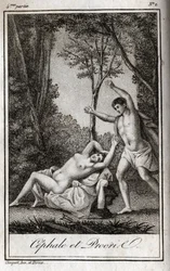 Para kochanków Cephale i Procris (Cephalus). Rycina z 1819 r. w „Lettres a Emilie sur la mitologie” Charlesa Alberta Demoustiera (1760-1801). Prywatna kolekcja.