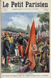 Ceremonia w Konstantynopolu Cesarstwa Bizantyjskiego (Stambuł, Turcja) z okazji rocznicy poległych na Krymie żołnierzy francuskich. Jedna z gazet „Le petit parisien”” w dniu 6.09.1908. Prywatna kolekcja.
