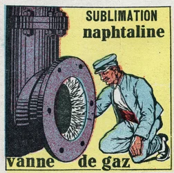 Zmiany stanów: sublimacja. Zapas naftliny zatyka zawór gazowy. Anonimowa ilustracja z 1925 r. Ze zbiorów prywatnych.
