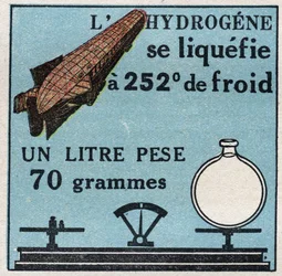 Zmiany stanów: opary. Skraplanie wodoru ma 252 stopnie zimna. Anonimowa ilustracja z 1925 r. Ze zbiorów prywatnych.