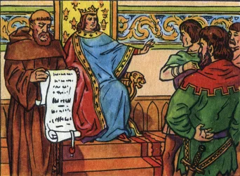 Karol IV Bel (1294-1328) narzucił swoją wolę panom. Anonimowa ilustracja w „”Kolekcji suwerenów i głów państw Francji””. XX wiek. Prywatna kolekcja.