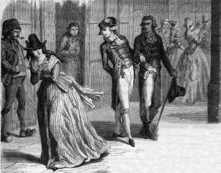 Charlotte Corday u wytwórcy noży Badin, pod arkadami Palais-Royal w 1793 r. - Grawerowanie w „Histoire des Girondins” Alphonse de Lamartine (1790-1869) 1865-1866 - Ze zbiorów prywatnych
