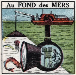 Operator: kręci film na dnie mórz. Anonimowa ilustracja z 1925 r. Ze zbiorów prywatnych.