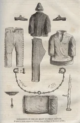 Odzież i żelazka otrzymane przez wojsko przybywające do bagne de Rochefort w XIX wieku (z oryginalnego rysunku Clemansa, forcat du bagne z 1840 r.). Grawer w „Historii skazanych od ich powstania do dnia dzisiejszego” (1877) autorstwa Pierre Zaccone (18