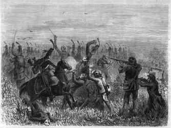 Całkowite zniszczenie Vendeens: Bitwa pod Savenay w grudniu 1793 r. Rycina z 1866 r. w „Histoire de la Revolution francaise” autorstwa Adolphe Thiersa. Prywatna kolekcja.