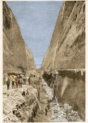 Budowa Kanału Korynckiego 1893 -rytownictwo - Budowa Kanału Korynckiego.