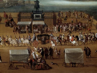 Orszak przechodzący przed pomnikiem Henryka IV na Pont Neuf w Paryżu w XVII wieku Szczegół. Anonimowe malowanie. Paryż, Muzeum Carnavalet